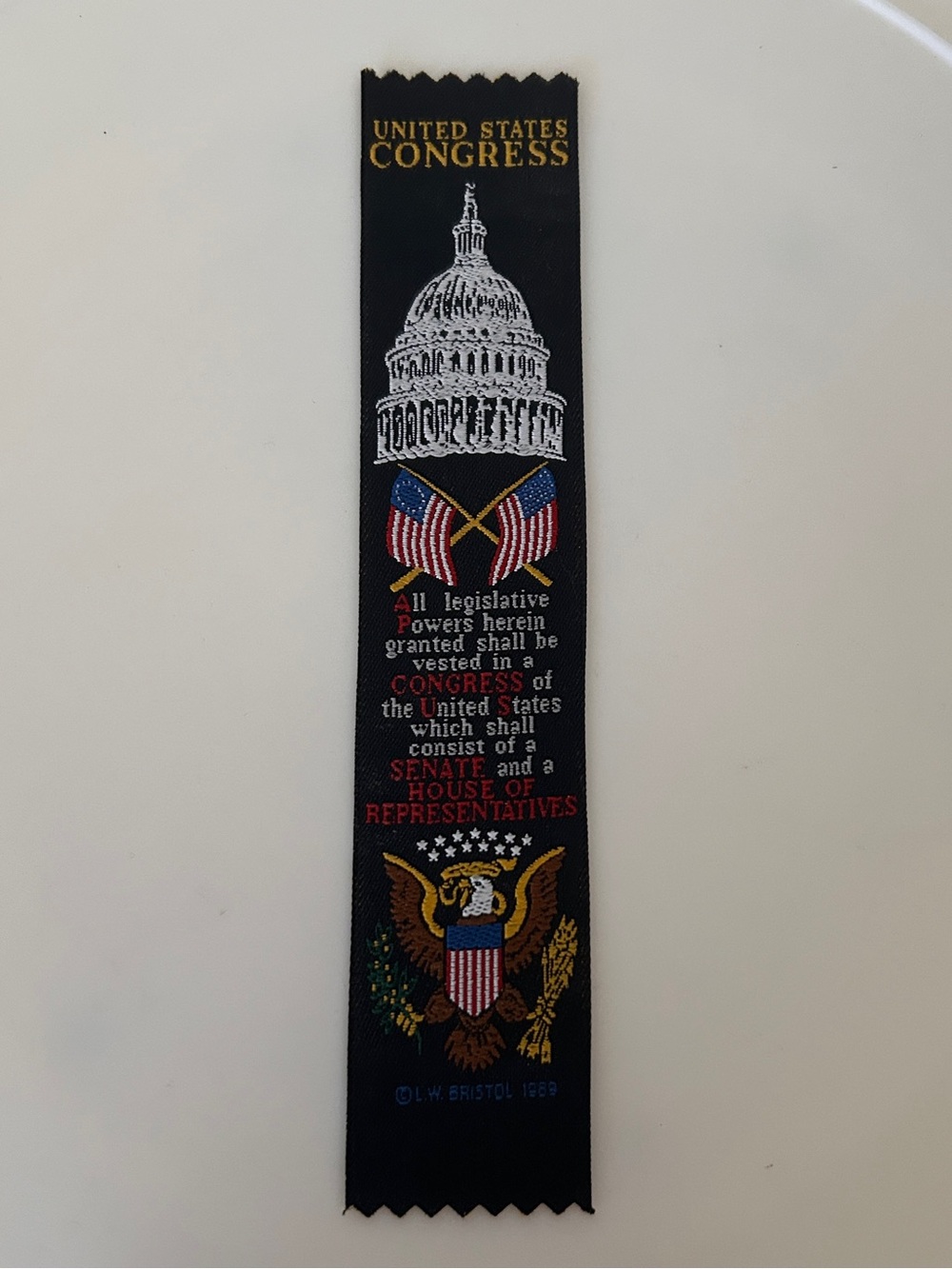 U.S. Congress Black Embroidered Bookmark NEW UNUSED